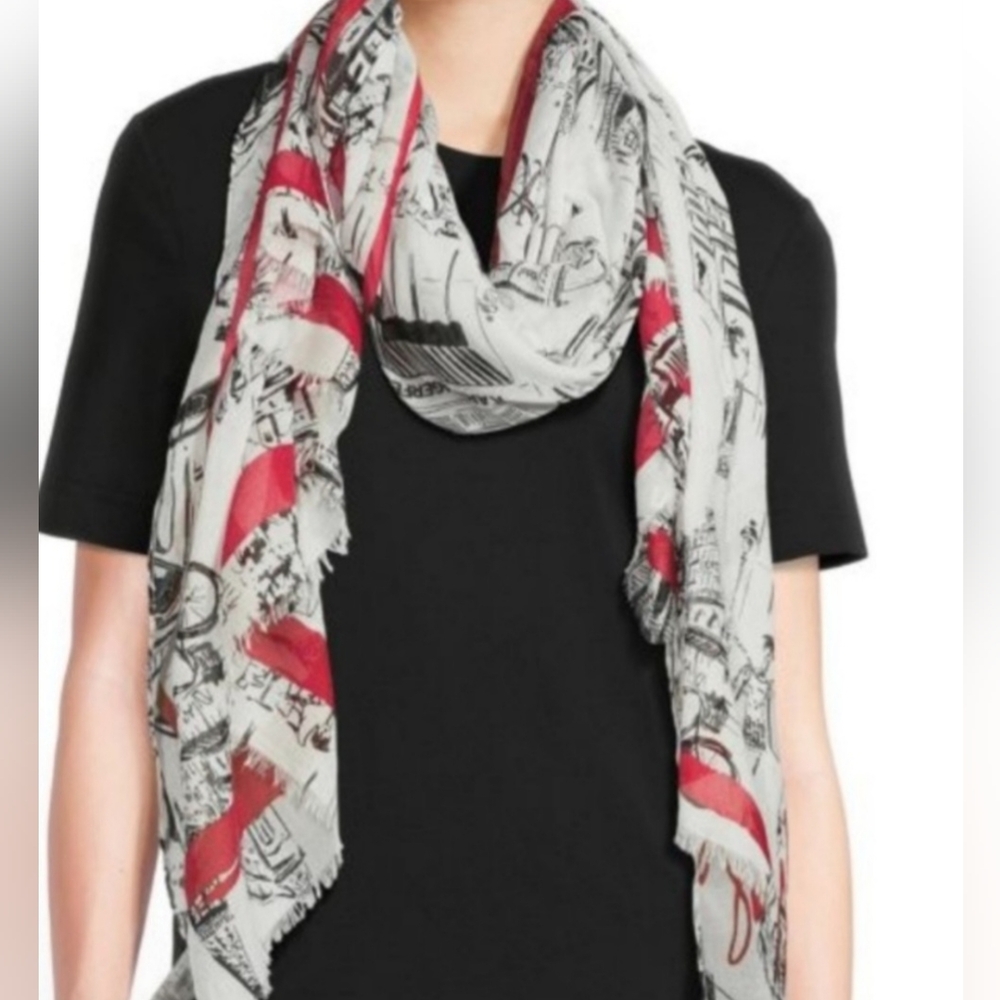 LOW STARTKarl Lagerfeld Paris Graphic Scarf Taupe & Black ivory red. NWT 72"x36"
